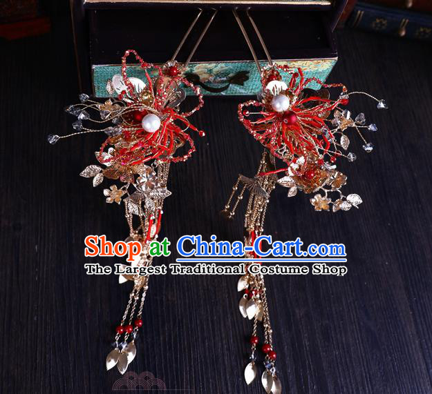 Traditional Chinese Handmade Red Butterfly Hair Crown Chaplet Hairpins Ancient Bride Hair Accessories for Women