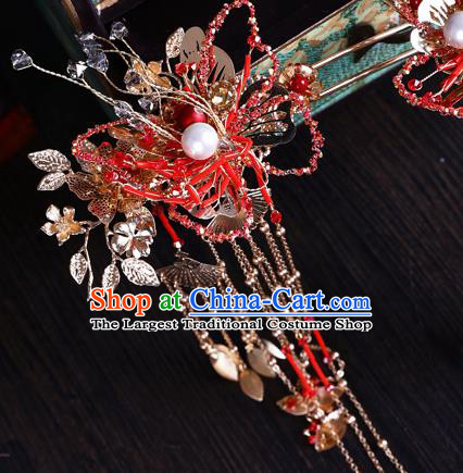 Traditional Chinese Handmade Red Butterfly Hair Crown Chaplet Hairpins Ancient Bride Hair Accessories for Women