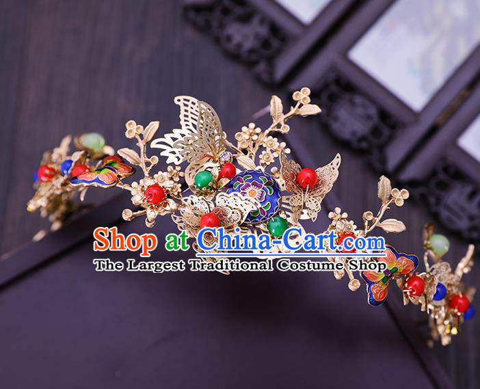 Traditional Chinese Wedding Cloisonne Butterfly Hair Clasp Tassel Hairpins Handmade Ancient Bride Hair Accessories for Women