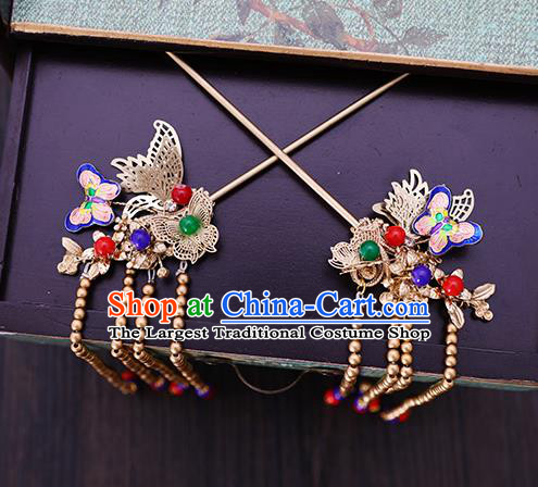 Traditional Chinese Wedding Cloisonne Butterfly Hair Clasp Tassel Hairpins Handmade Ancient Bride Hair Accessories for Women