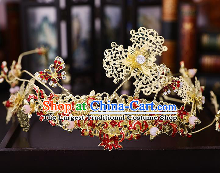 Traditional Chinese Wedding Cloisonne Red Lotus Hair Crown Tassel Hairpins Handmade Ancient Bride Hair Accessories for Women