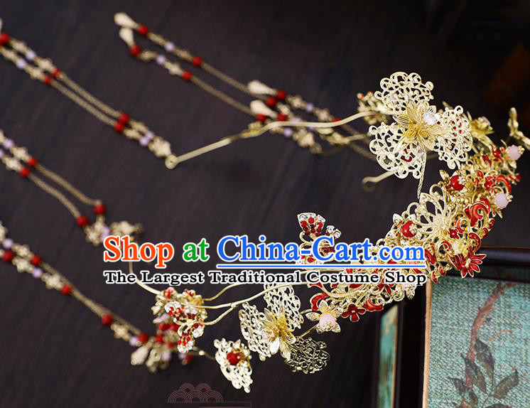 Traditional Chinese Wedding Cloisonne Red Lotus Hair Crown Tassel Hairpins Handmade Ancient Bride Hair Accessories for Women