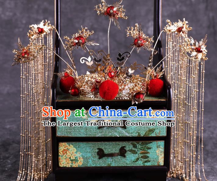 Traditional Chinese Handmade Red Venonat Chaplet Hair Crown Hairpins Ancient Bride Hair Accessories for Women