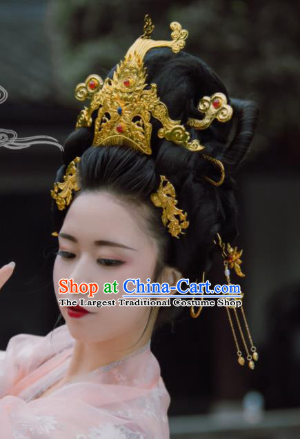 Traditional Chinese Tang Dynasty Empress Golden Phoenix Coronet Hairpins Handmade Ancient Queen Hair Accessories for Women