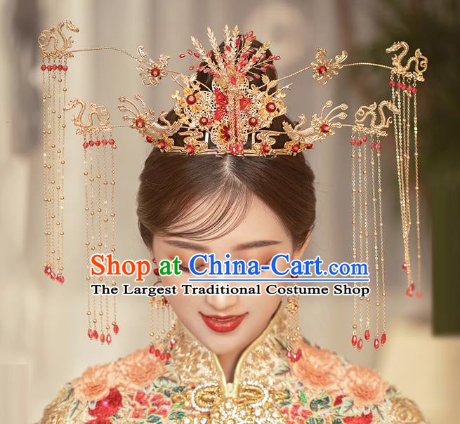 Traditional Chinese Handmade Golden Tassel Phoenix Crown Hairpins Ancient Bride Hair Accessories for Women