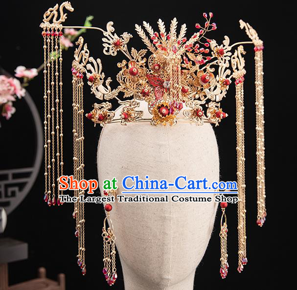 Traditional Chinese Handmade Golden Tassel Phoenix Crown Hairpins Ancient Bride Hair Accessories for Women