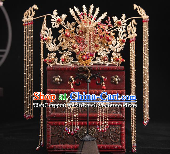 Traditional Chinese Handmade Golden Tassel Phoenix Crown Hairpins Ancient Bride Hair Accessories for Women