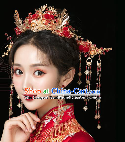 Traditional Handmade Chinese Wedding Red Venonat Phoenix Hair Crown Hairpins Ancient Bride Hair Accessories for Women