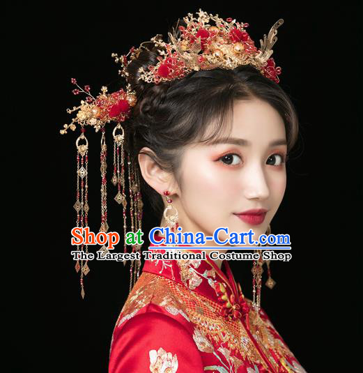 Traditional Handmade Chinese Wedding Red Venonat Phoenix Hair Crown Hairpins Ancient Bride Hair Accessories for Women