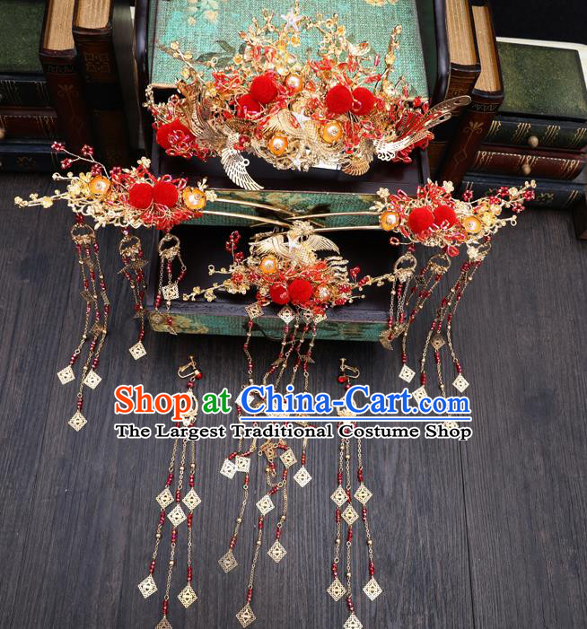 Traditional Handmade Chinese Wedding Red Venonat Phoenix Hair Crown Hairpins Ancient Bride Hair Accessories for Women
