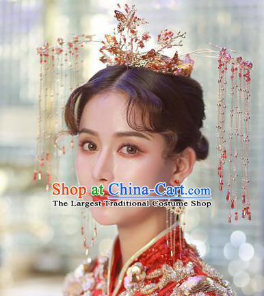 Traditional Handmade Chinese Wedding Red Phoenix Coronet Hairpins Ancient Bride Hair Accessories for Women