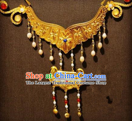 Chinese Traditional Tang Dynasty Golden Lotus Pearls Necklace Handmade Ancient Princess Necklet Accessories for Women