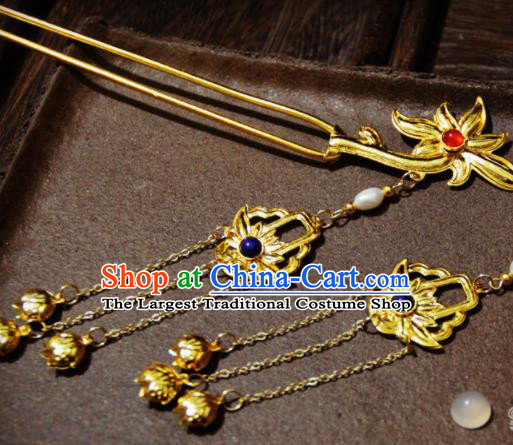 Chinese Traditional Tang Dynasty Court Golden Lotus Tassel Hairpins Handmade Ancient Royal Empress Hair Accessories for Women