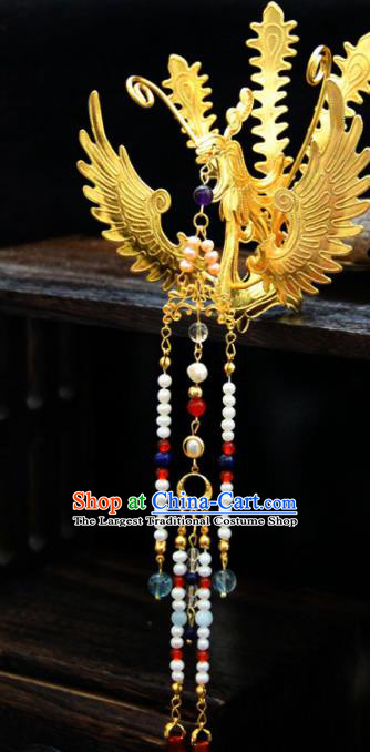 Chinese Traditional Tang Dynasty Princess Golden Phoenix Tassel Hairpins Handmade Ancient Royal Empress Hair Accessories for Women