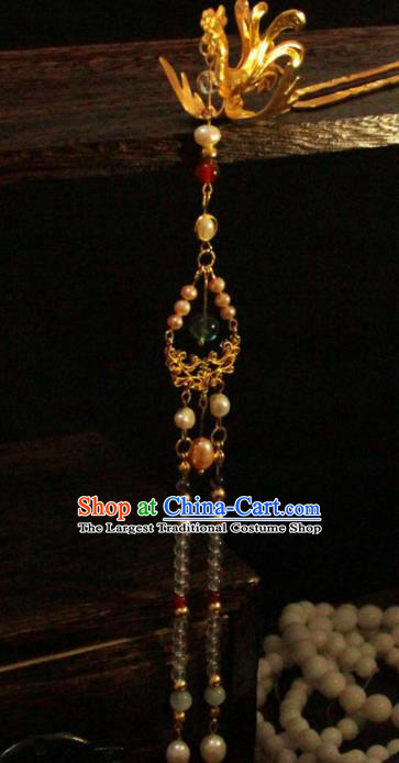 Chinese Traditional Ming Dynasty Golden Phoenix Tassel Hairpins Handmade Ancient Royal Princess Hair Accessories for Women
