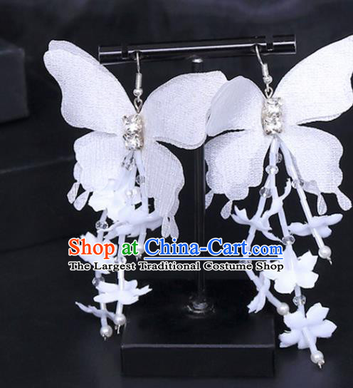 Chinese Traditional Wedding White Silk Butterfly Earrings Handmade Ancient Bride Ear Accessories for Women