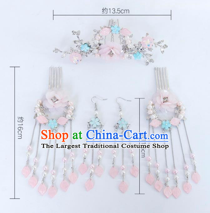 Traditional Chinese Hanfu Peach Blossom Tassel Hair Combs Hairpins Handmade Ancient Princess Hair Accessories Complete Set for Women