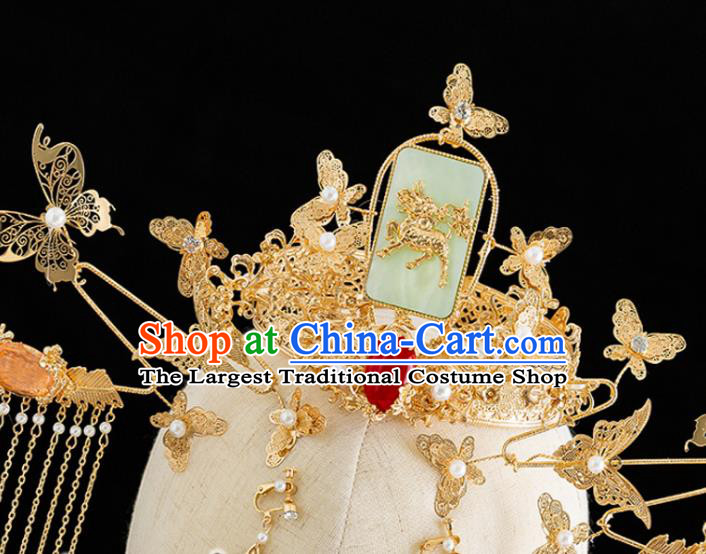 Traditional Chinese Hanfu Golden Butterfly Jade Tassel Phoenix Coronet Handmade Ancient Princess Hair Accessories for Women
