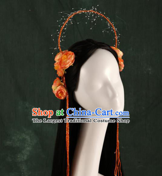 Traditional Chinese Song Dynasty Princess Wigs and Orange Peony Hairpins Ancient Seven Fairies Hair Accessories for Women