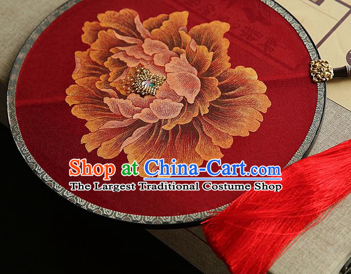 Traditional Chinese Hanfu Wedding Red Fans Handmade Ancient Princess Embroidered Peony Palace Fan for Women
