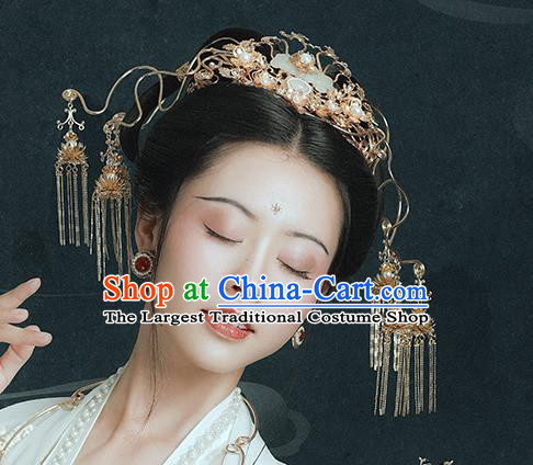 Traditional Chinese Ming Dynasty Jade Phoenix Coronet Tassel Hairpins Ancient Court Queen Hair Accessories for Women