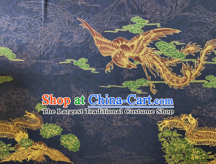 Chinese Traditional Phoenix Pattern Navy Silk Fabric Mulberry Silk Fabric Hanfu Dress Material