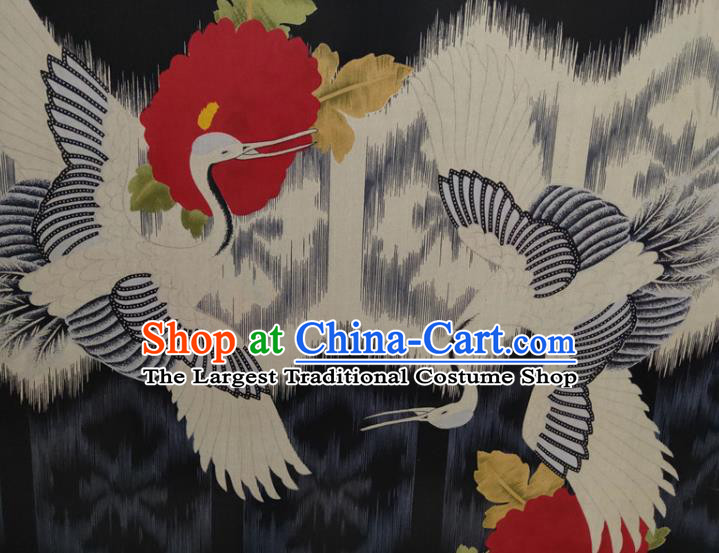 Chinese Traditional Crane Camellia Pattern Black Silk Fabric Mulberry Silk Fabric Hanfu Dress Material