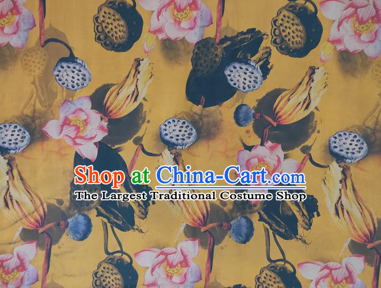 Chinese Traditional Lotus Pattern Yellow Silk Fabric Mulberry Silk Fabric Hanfu Dress Material