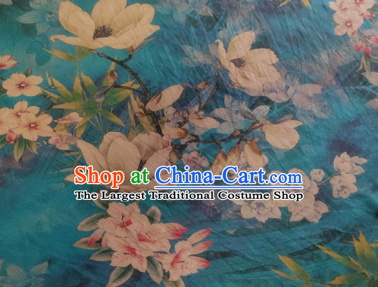 Chinese Traditional Yulan Magnolia Pattern Blue Silk Fabric Mulberry Silk Fabric Hanfu Dress Material