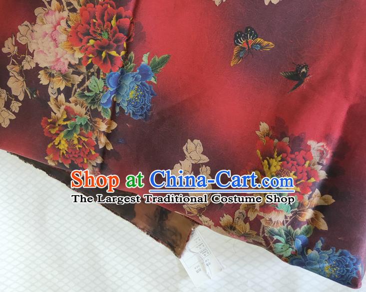 Chinese Traditional Magnolia Peony Pattern Red Silk Fabric Mulberry Silk Fabric Hanfu Dress Material