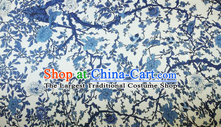 Chinese Traditional Blue Flowers Pattern Silk Fabric Mulberry Silk Fabric Hanfu Dress Material