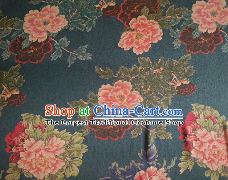 Chinese Traditional Peony Pattern Deep Blue Silk Fabric Mulberry Silk Fabric Hanfu Dress Material