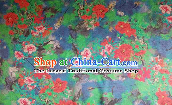 Chinese Traditional Peony Pattern Navy Blue Silk Fabric Mulberry Silk Fabric Hanfu Dress Material