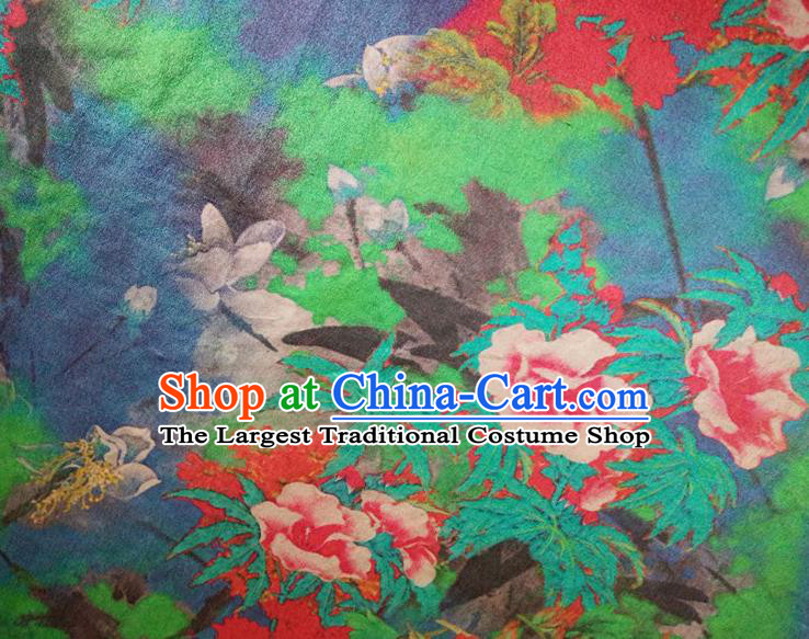 Chinese Traditional Peony Pattern Navy Blue Silk Fabric Mulberry Silk Fabric Hanfu Dress Material