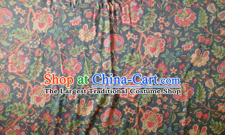 Chinese Traditional Twine Flowers Pattern Navy Silk Fabric Mulberry Silk Fabric Hanfu Dress Material