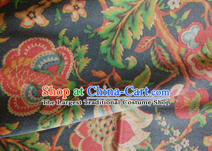 Chinese Traditional Twine Flowers Pattern Navy Silk Fabric Mulberry Silk Fabric Hanfu Dress Material