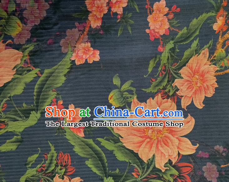 Chinese Traditional Plum Peony Pattern Navy Silk Fabric Mulberry Silk Fabric Hanfu Dress Material