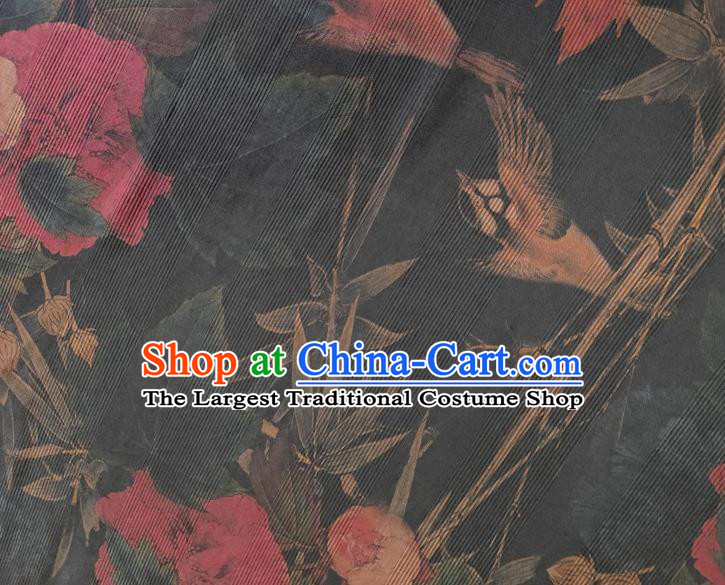 Chinese Traditional Bamboo Peony Pattern Navy Silk Fabric Mulberry Silk Fabric Hanfu Dress Material