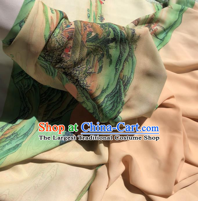 Chinese Traditional Landscape Pattern Flax Fabric Mulberry Silk Fabric Hanfu Dress Material