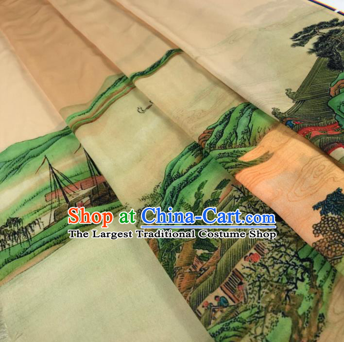 Chinese Traditional Landscape Pattern Flax Fabric Mulberry Silk Fabric Hanfu Dress Material