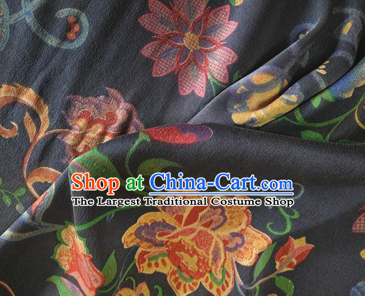 Chinese Traditional Flowers Pattern Navy Silk Fabric Mulberry Silk Fabric Hanfu Dress Material
