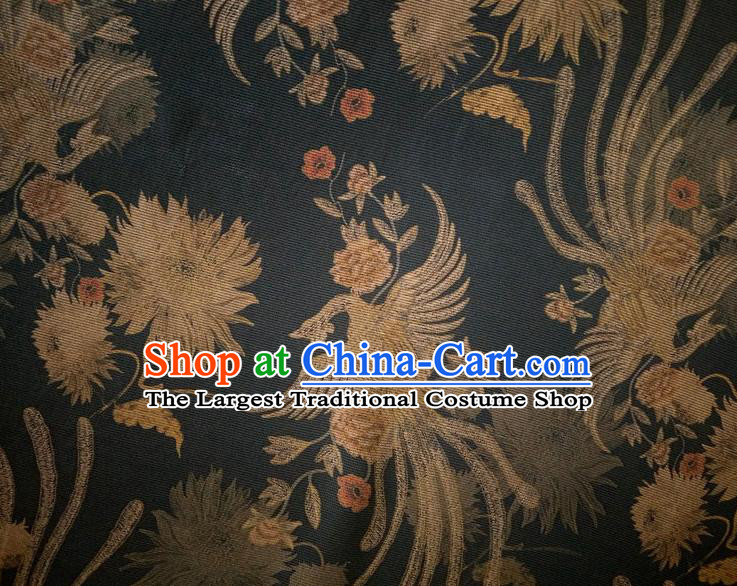 Chinese Traditional Phoenix Epiphyllum Pattern Black Silk Fabric Mulberry Silk Fabric Hanfu Dress Material