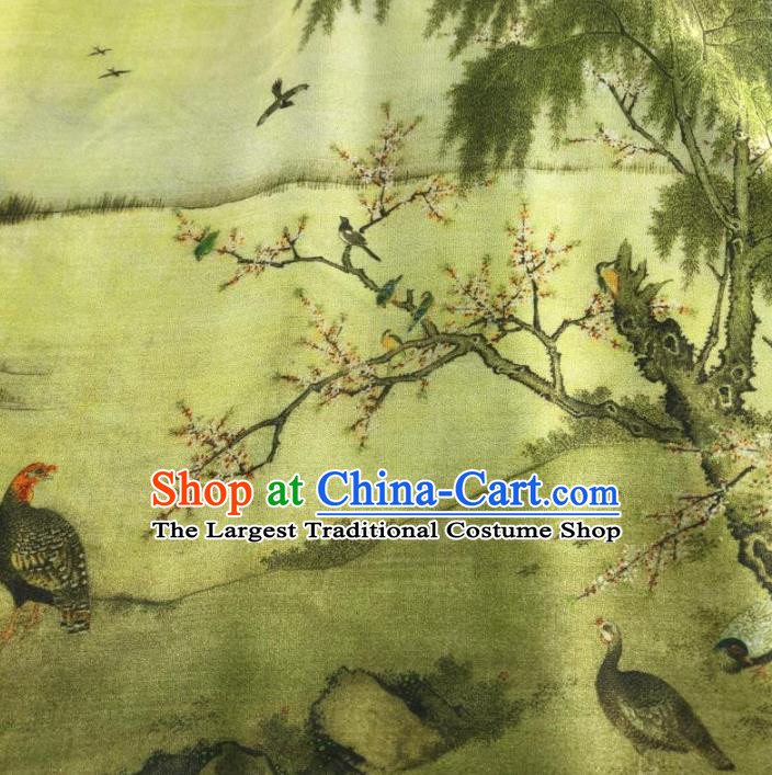 Chinese Traditional Classical Peach Blossom Pattern Green Flax Fabric Silk Fabric Hanfu Dress Material