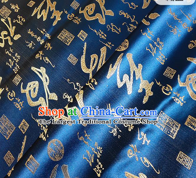 Chinese Traditional Longevity Character Pattern Navy Brocade Fabric Silk Satin Fabric Hanfu Material