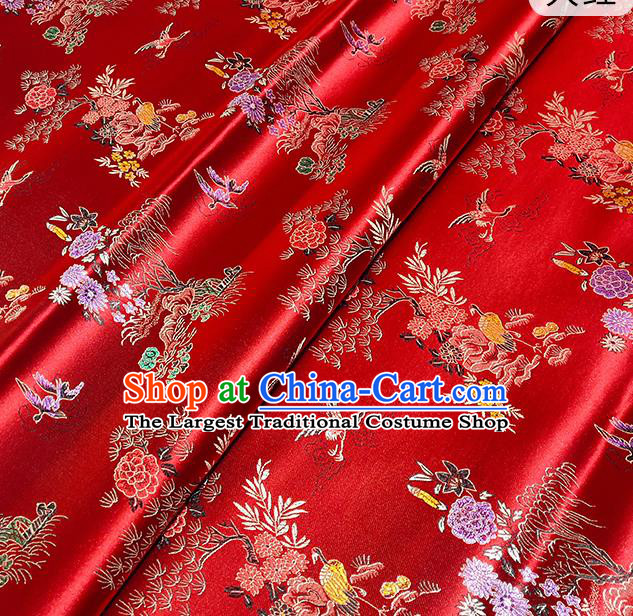 Chinese Traditional Pine Crane Pattern Red Brocade Fabric Silk Satin Fabric Hanfu Material