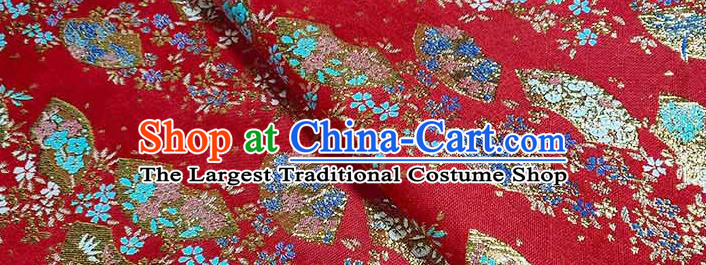 Japanese Traditional Sakura Fan Pattern Kimono Red Brocade Fabric Tapestry Satin Fabric Nishijin Material