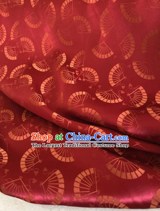 Chinese Traditional Fans Pattern Wine Red Brocade Fabric Silk Tapestry Satin Fabric Hanfu Material