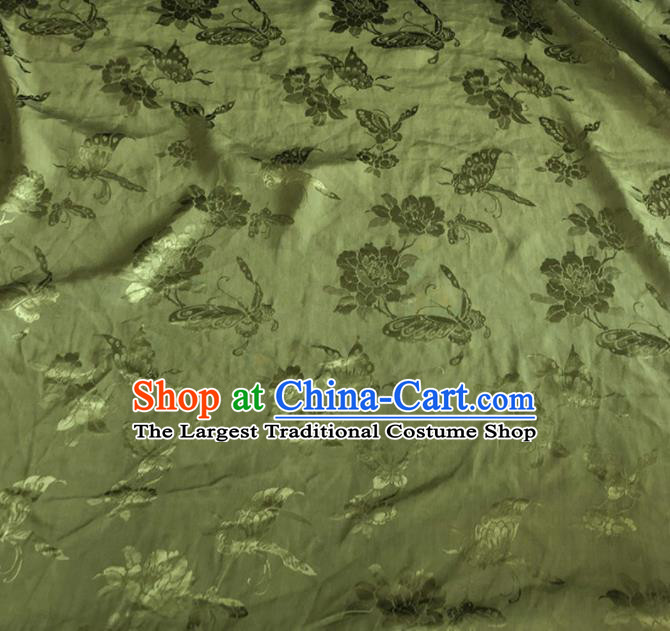 Chinese Traditional Butterfly Peony Pattern Olive Green Silk Fabric Hanfu Brocade Material