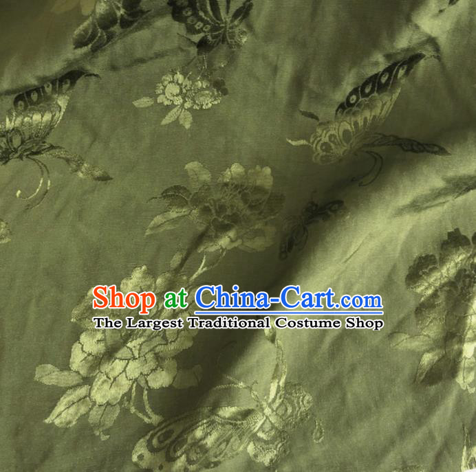 Chinese Traditional Butterfly Peony Pattern Olive Green Silk Fabric Hanfu Brocade Material