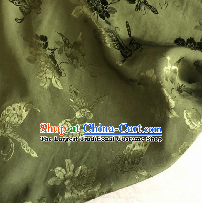 Chinese Traditional Butterfly Peony Pattern Olive Green Silk Fabric Hanfu Brocade Material